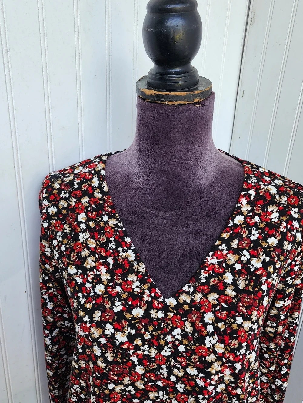 J Jill Wearever Black Red Floral V Neck Dress Stretch Long Sleeve Rayon Sz S